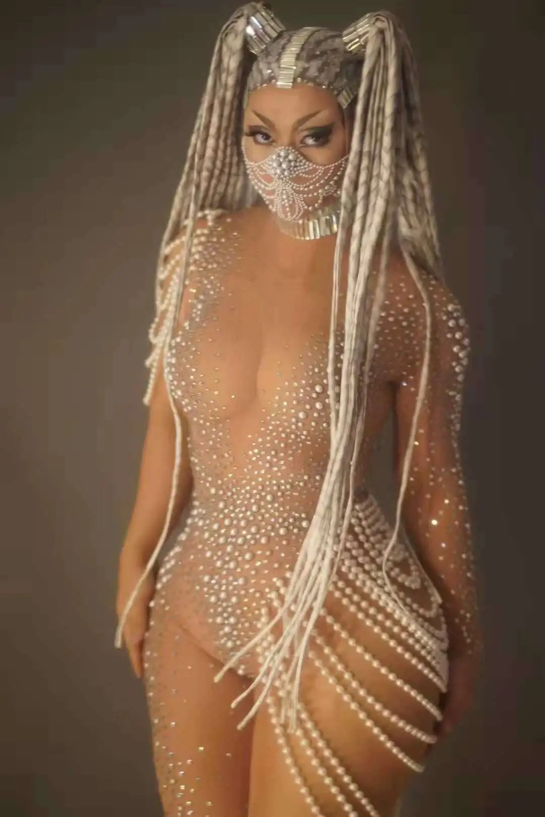

See Through Jumpsuits Women Pearl Rhinestone Gogo Dancer Showgirl Costume Rave Festival Outfit Clothing Party Nightclub Bodysuit