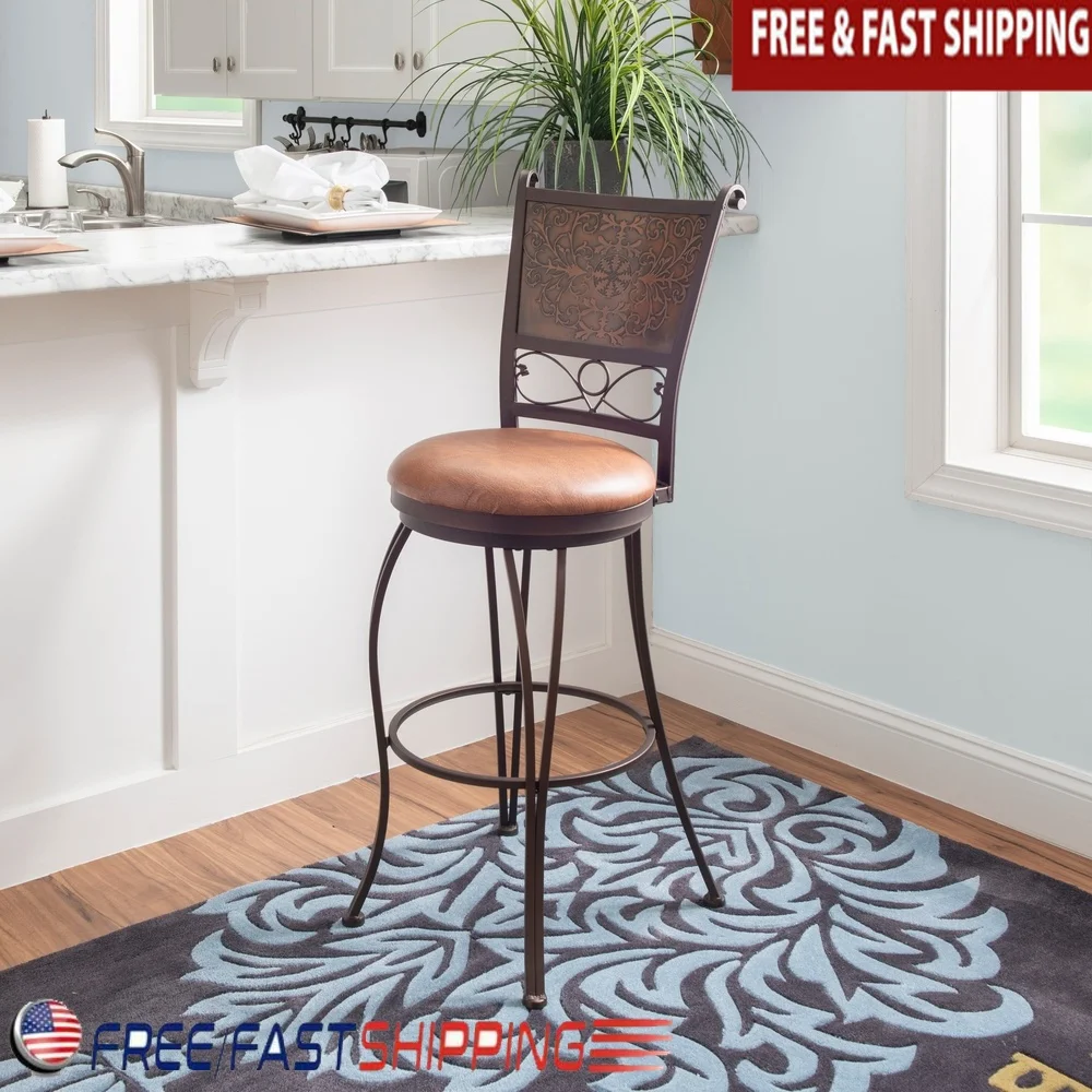

Bronze Swivel Faux Leather Bar Stool with Stamped Back Steel Frame Comfortable Design Easy Assembly Kitchen Counter Dining