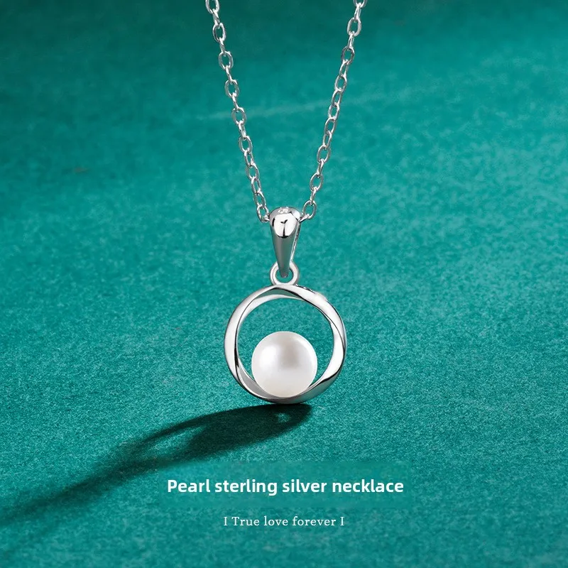 

S925 Silver Platinum-Plated Circle Hollow Freshwater Pearl Women's Pendant Necklace Fine Jewelry