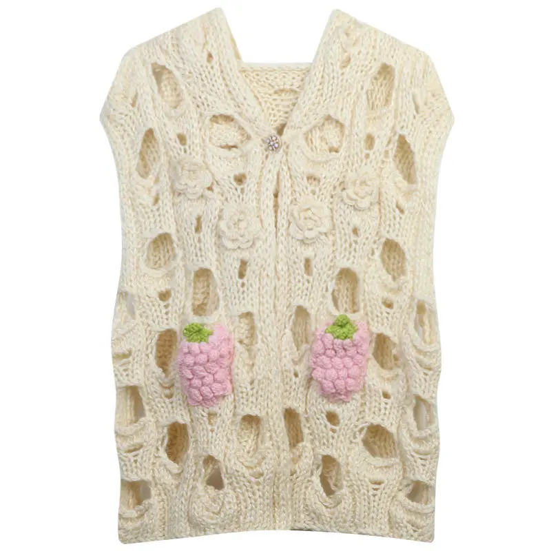 Jastie Hollow Flower Embroidery Knitted Cardigan Vest Boho 2023 Spring Autumn Hooded Loose Sleeveless Sweater Jacket Coat Tops