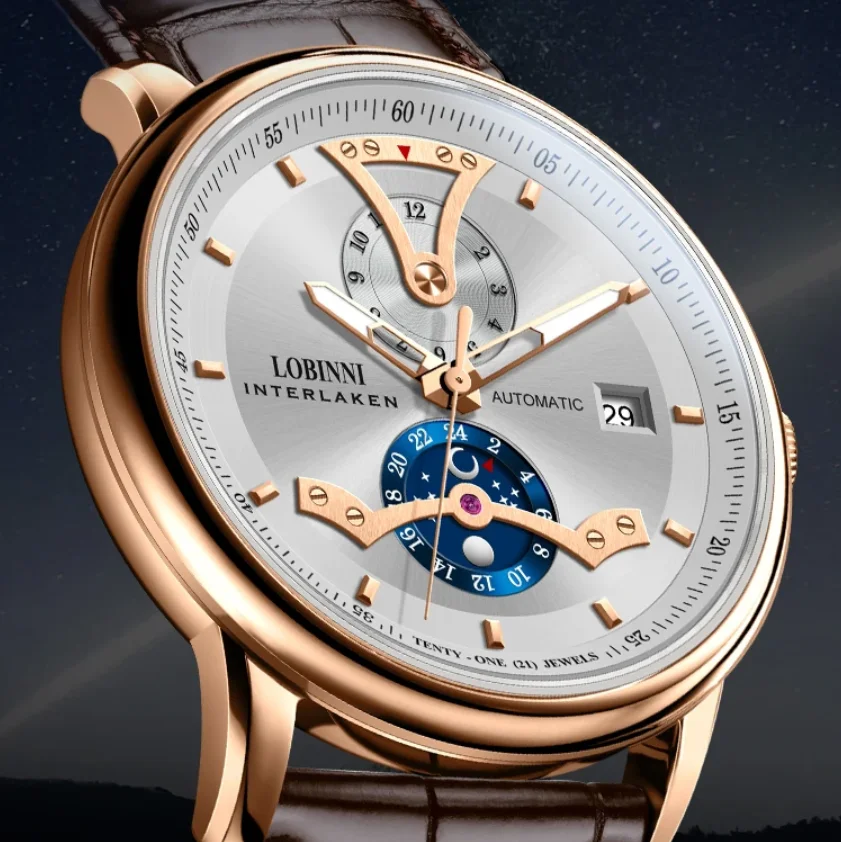 

LOBINNI Men Automatic Watch 41mm Mechanical Wristwatch Sapphire Mirror Multi-Dial Month Date 24 Hours
