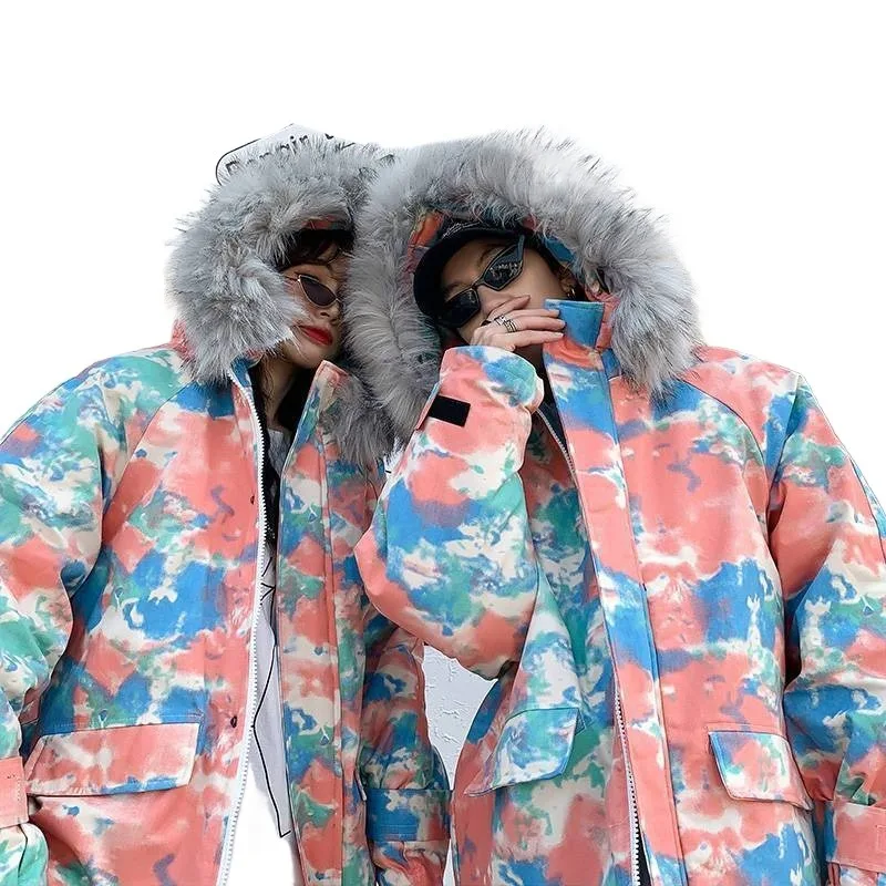 Winter Camouflage  Men's Thickened Trendy Fried Street Medium and Long Large Fur Collar Cotton Clothes New Couple Cotton Clothes