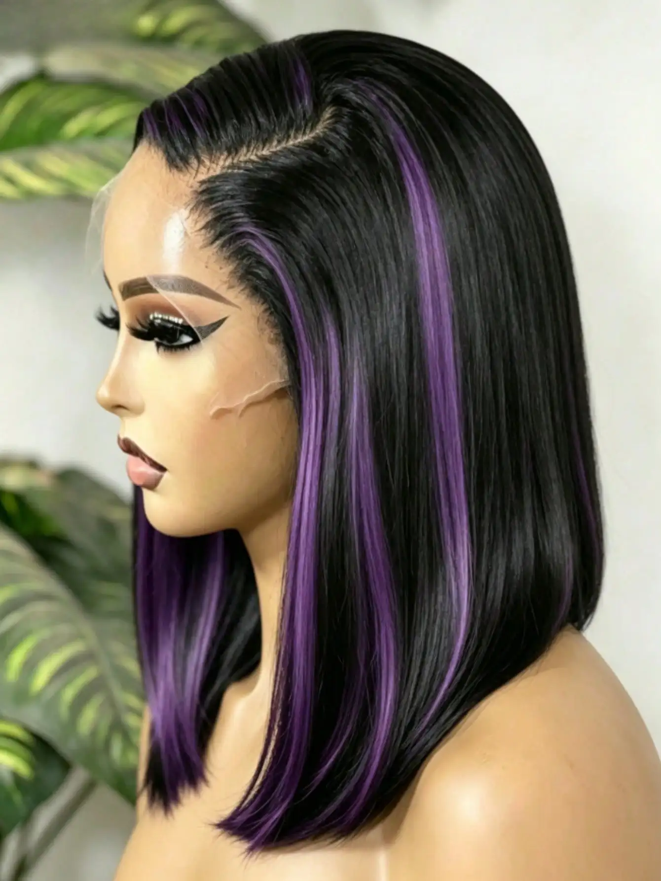 180 Density Highlight Purple Straight Bob Wig Lace Frontal Wigs Human Hair Skunk Stripe Color Glueless 13x4 HD Transparent Lace Frontal Wigs Human Hair Wigs Pre Plucked Black and Purple Short Bob for Women Beginner Friendly For Halloween Use
