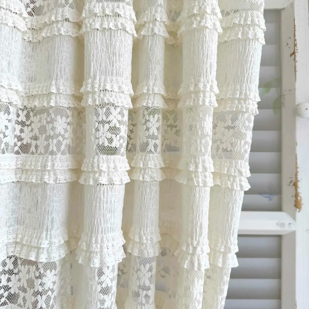 Beige Cutout Flower Rod Pocket Curtains, Vintage Ruffles Small Curtains for Room Warm Romantic Light Filtering Window Drape