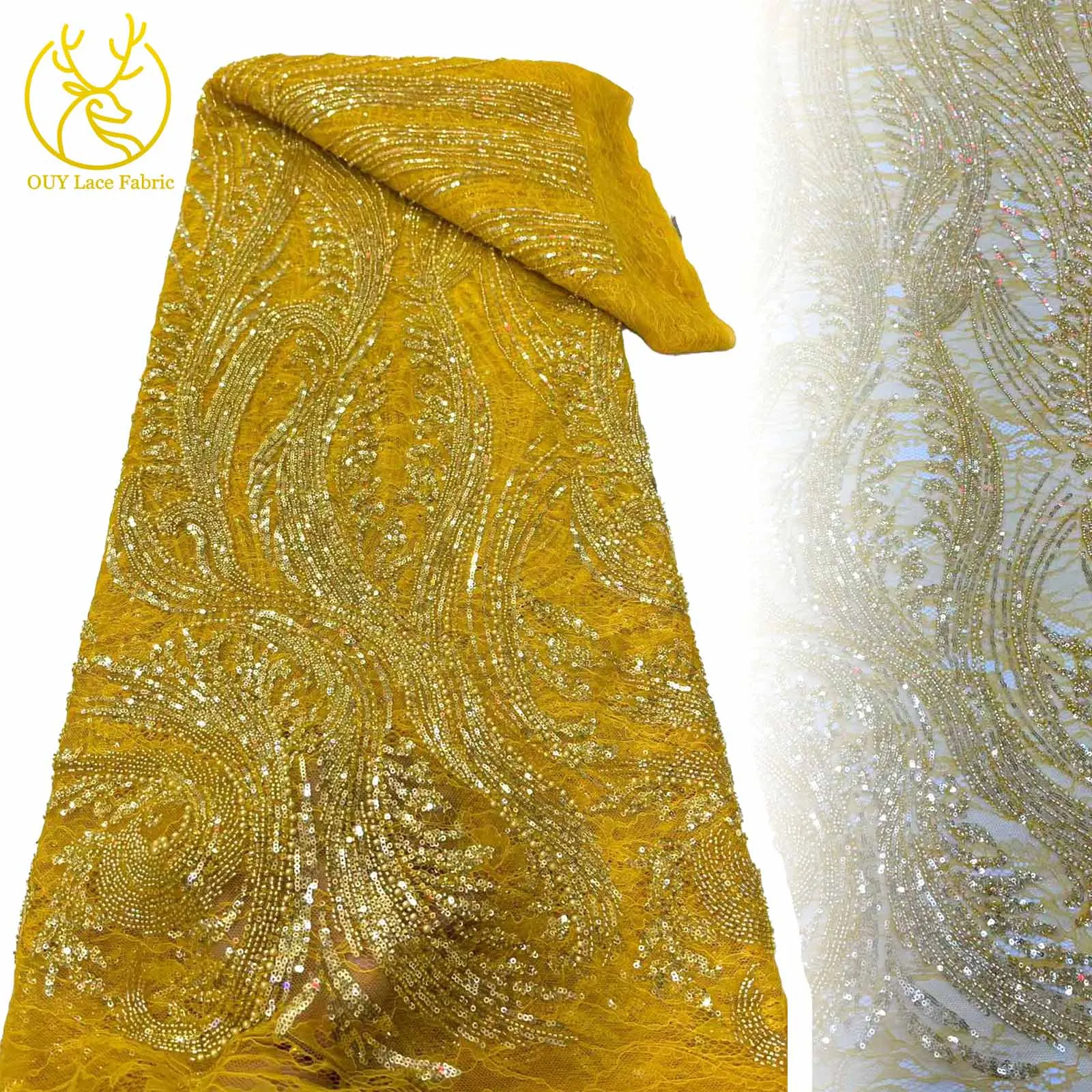 

Golden Luxury African Beaded Sequin Lace Fabric 2025 High-end French Dubai Mesh Lace Fabric Suitable for Women's Party Dresses