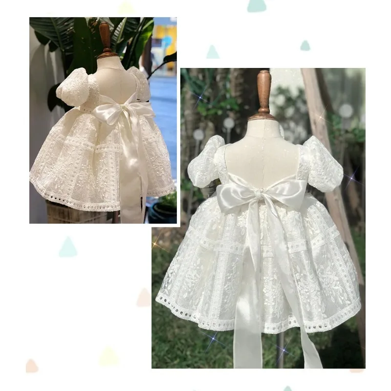 Baby Girl 1st Birthday Party Dress Puff Sleeve Toddler Girls Princess Dresses with Bow Kids Ball Growns Wedding Dress