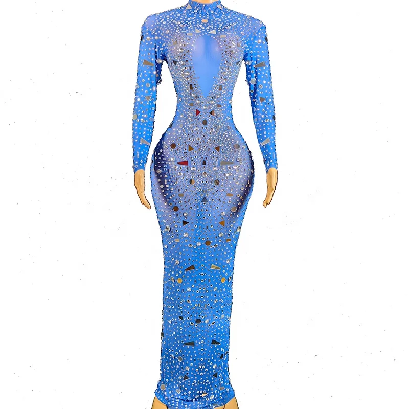 

New Sexy Rhinestone Fashion Blue Mirrors See Through Long Party Birthday Evening Dress For Woman