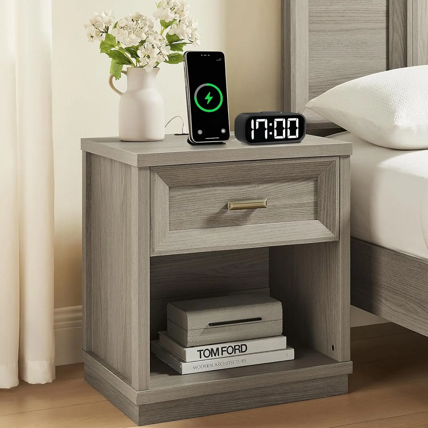 Nightstand Set Of 2 With Charging Station Drawer & Open Shelf 24 Inch Wooden Bedside Table For Bedroom Dorm Office, Customized