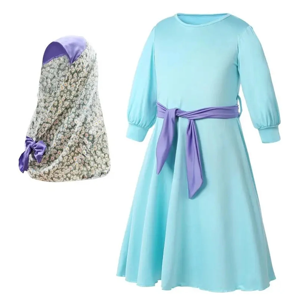 Modest Muslim Dress Prayer Abaya for Girls 80cm-120cm Long Sleeve Islamic Ramadan Clothing Blue Robe Floral Hijab With Belt image 3