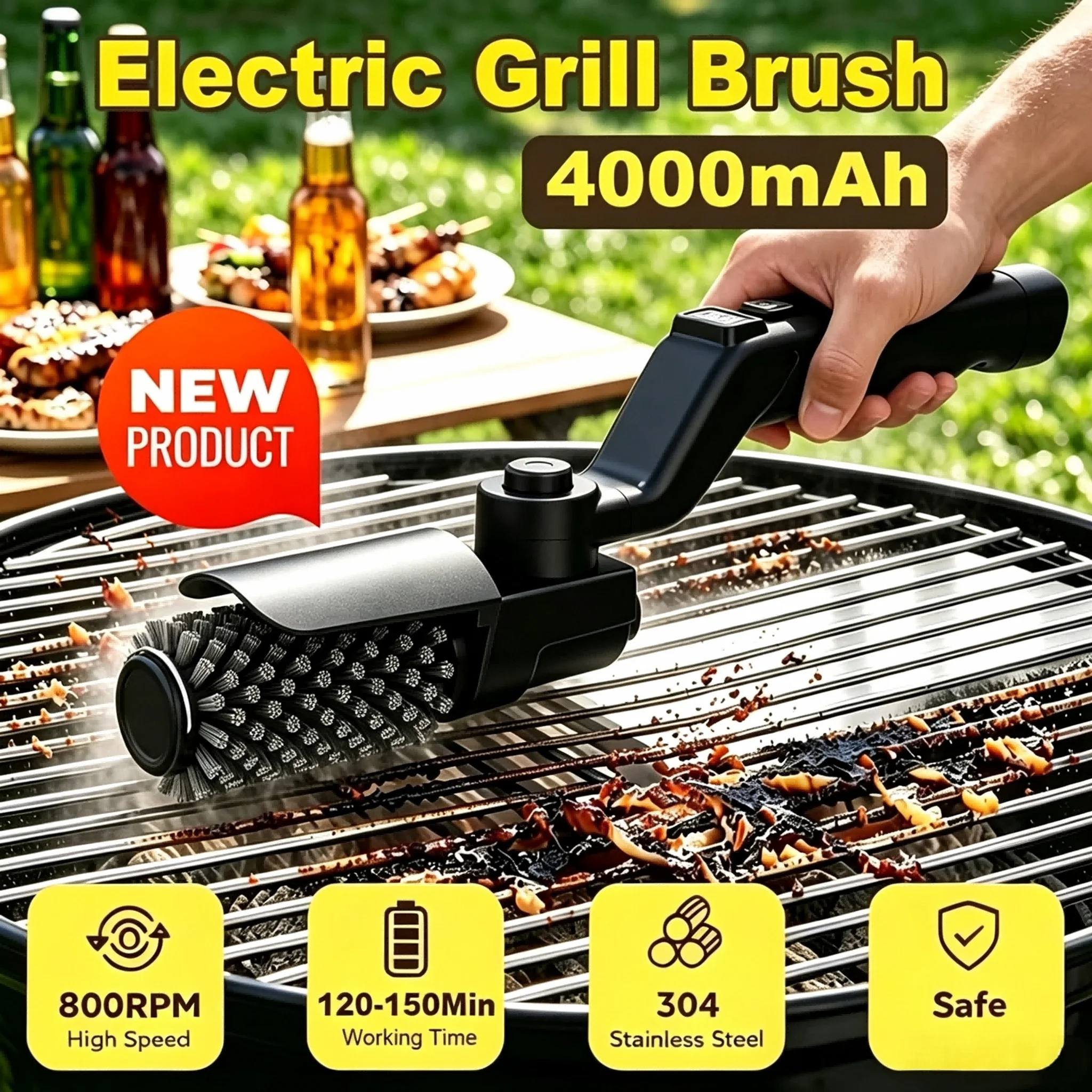 Electric BBQ Brush, Heavy-duty High-torque Electric Grill Cleaning Brush, 3 Adjustable Speed Modes, 44.09LB Max Torque Reinforced Steel Bristle BBQ Brush