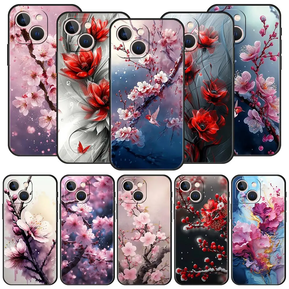 

Cherry Blossoms Phone Case For iPhone 17 16 15 Pro Max 11 12 13 14 7 8 Plus SE 2020 X XR XS Cover Soft Black