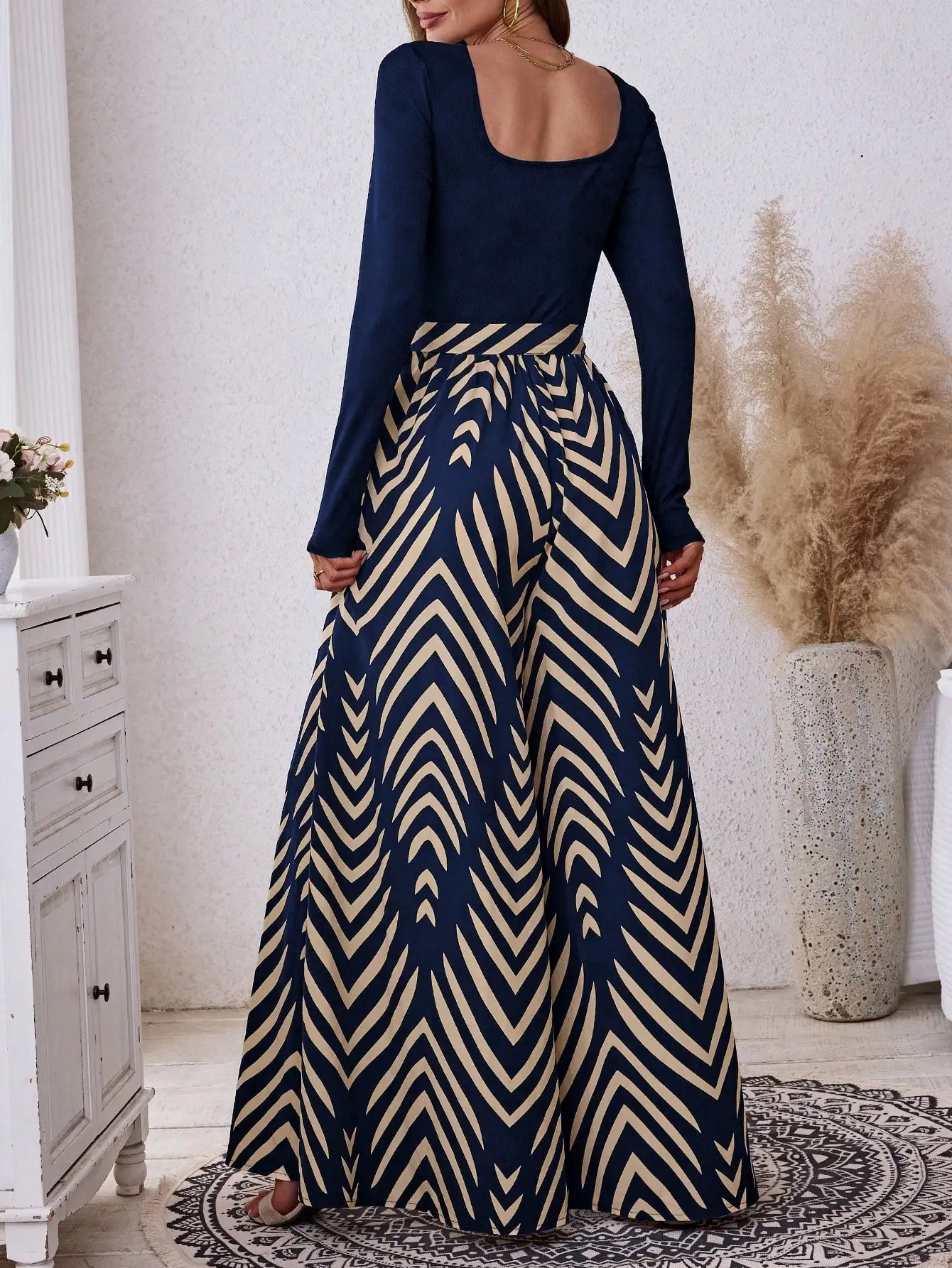 Women's elegant solid color spliced print long sleeve wide-leg jumpsuit