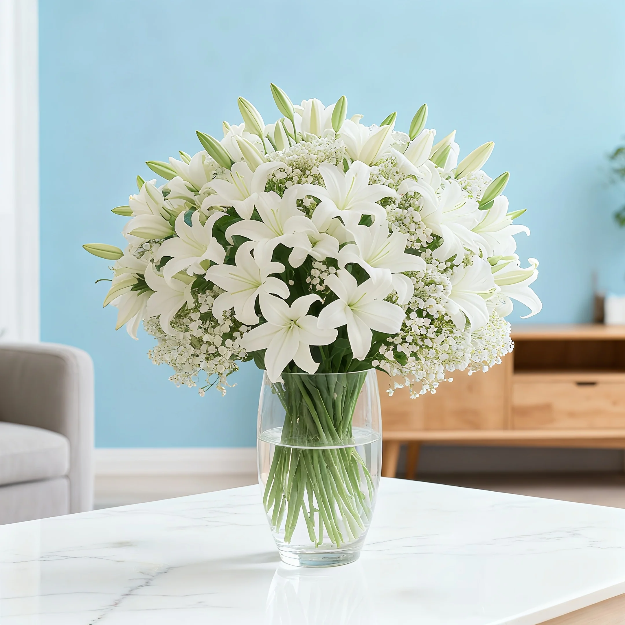 

40 букетов искусственных цветов - Реалистичные белые лилии и дыхание ребенка (35 лилий + 5 цветов детского дыхания) - Пластиковые свадебные украшения, искусственные цветы для дома и офиса, Подходит для вазных композиций, День матери, День святого Валентин