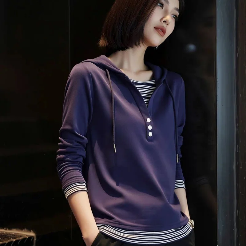 Women's Purple Hooded Pullover Sweatshirt with Striped Trim and Button Detail Loose Fit Casual Spring Summer Top