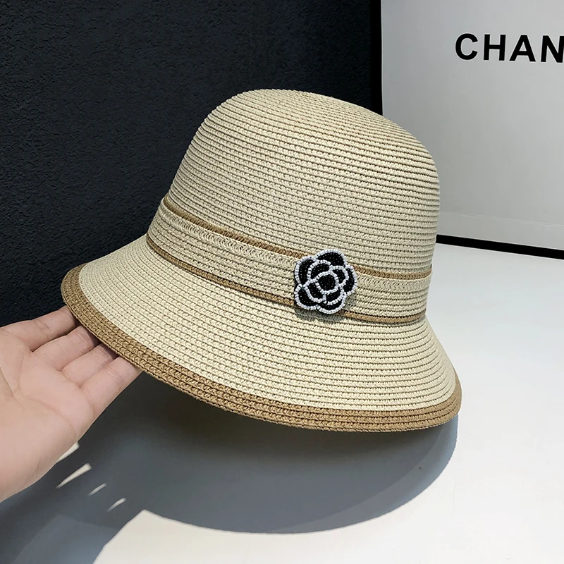 Japanese Ins Bucket Hat Summer Sunscreen Plain Fisherman\'s Cap Seaside Vacation Elegant Camellia Show Face Small Sun Hats Woman