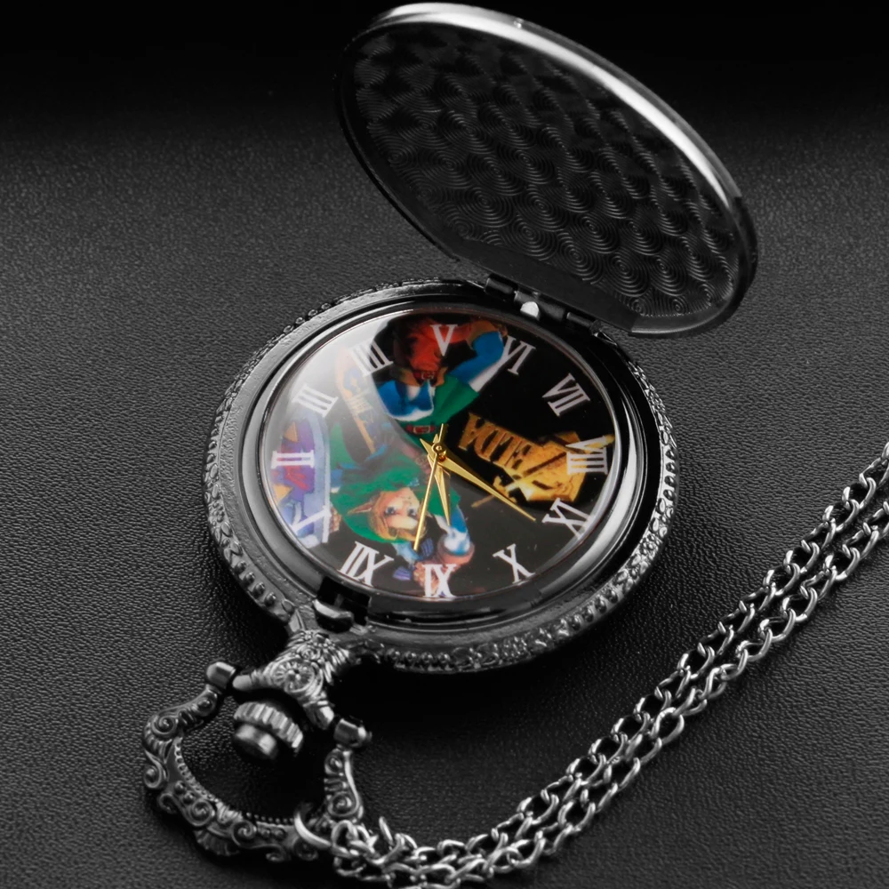 Black Classic Game Pattern Roman Digital Quartz Pocket Watch Vintage Case Necklace Pendant Clock Chain Men's Women's Gift