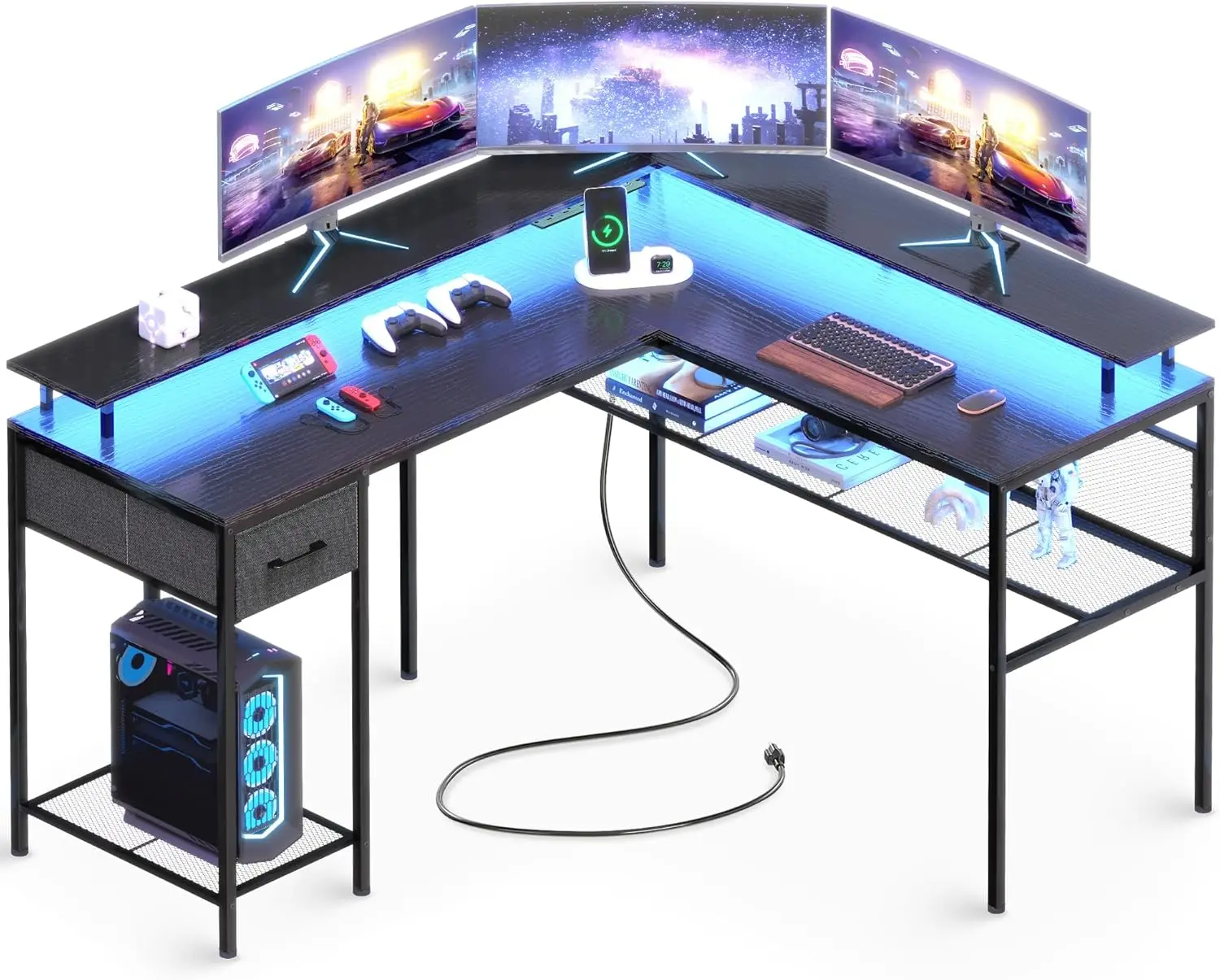 

L Shaped Desk Gaming with LED Lights & Power Outlets, Computer with Storage Shelves, Corner Home Office ,