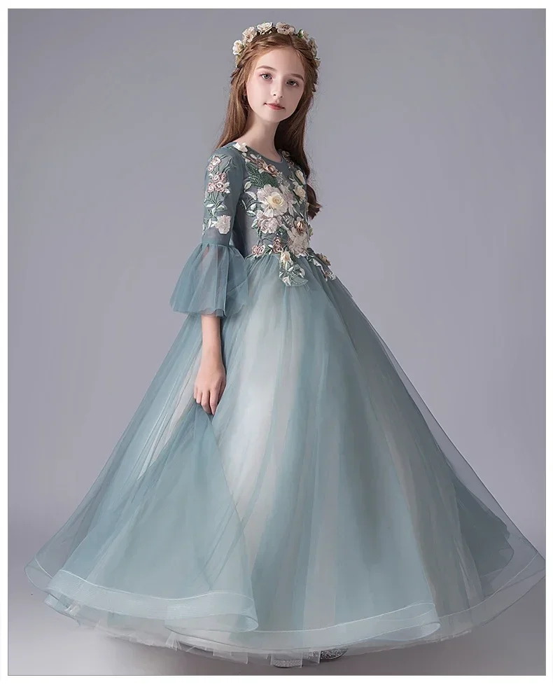 Pretty Blue Lace 3D Flower Kids Communion Dresses Long Flower Girl Dresses Party Ball Gowns Pageant Wedding Dresses For Girls