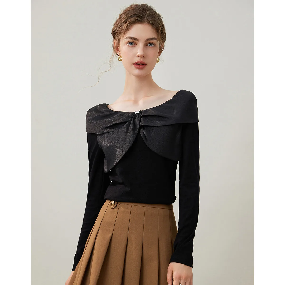 LOUIS YAO New Shawl-collar Round Neck T-shirt 2025 Spring Autumn Pullover Slightly Stretchy Slim-fit Women's  Long Sleeve Tees