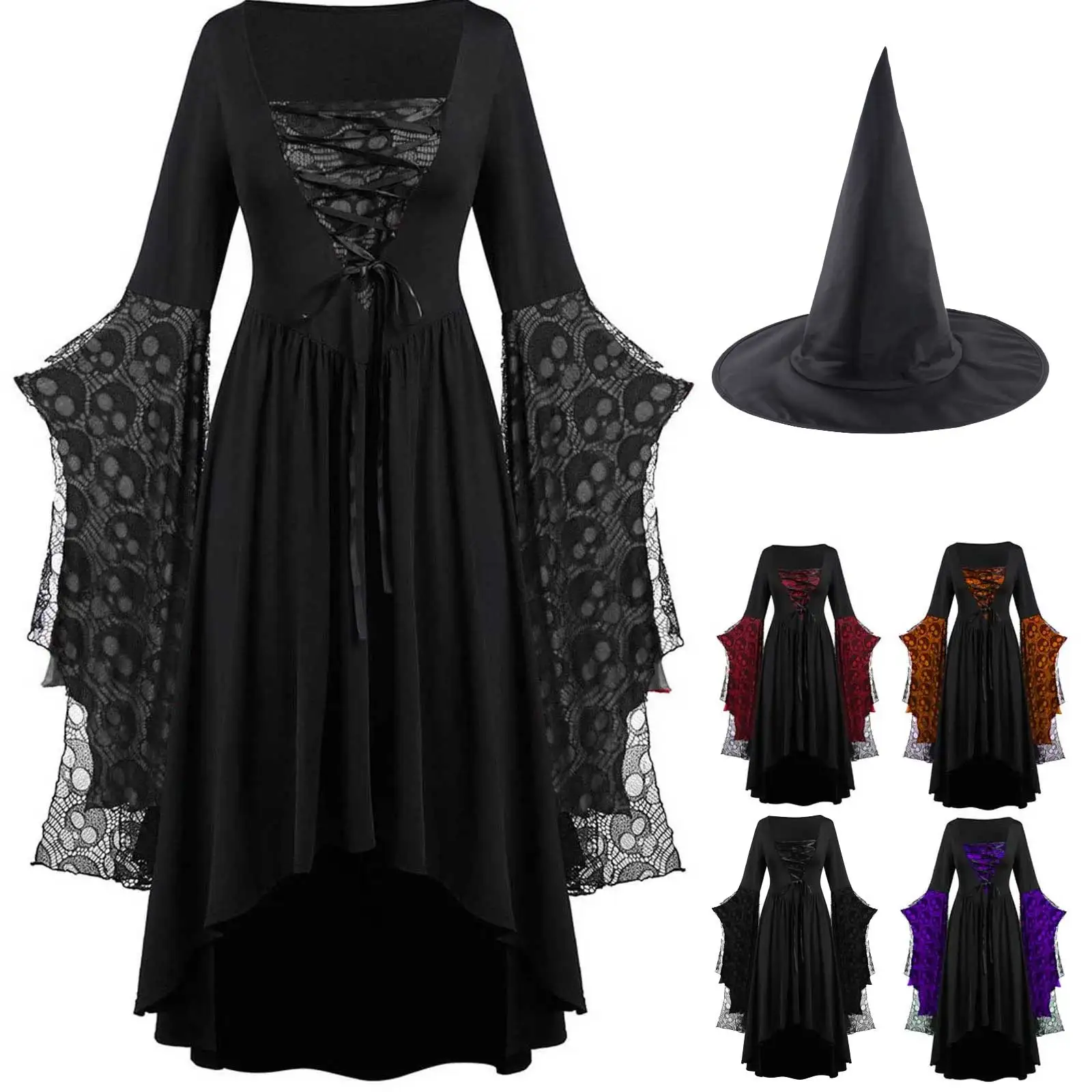 

Женское готическое кружевное платье ведьмы, косплей, череп, сетка, средневековый панк-ренессанс, винтажный костюм на Хэллоуин