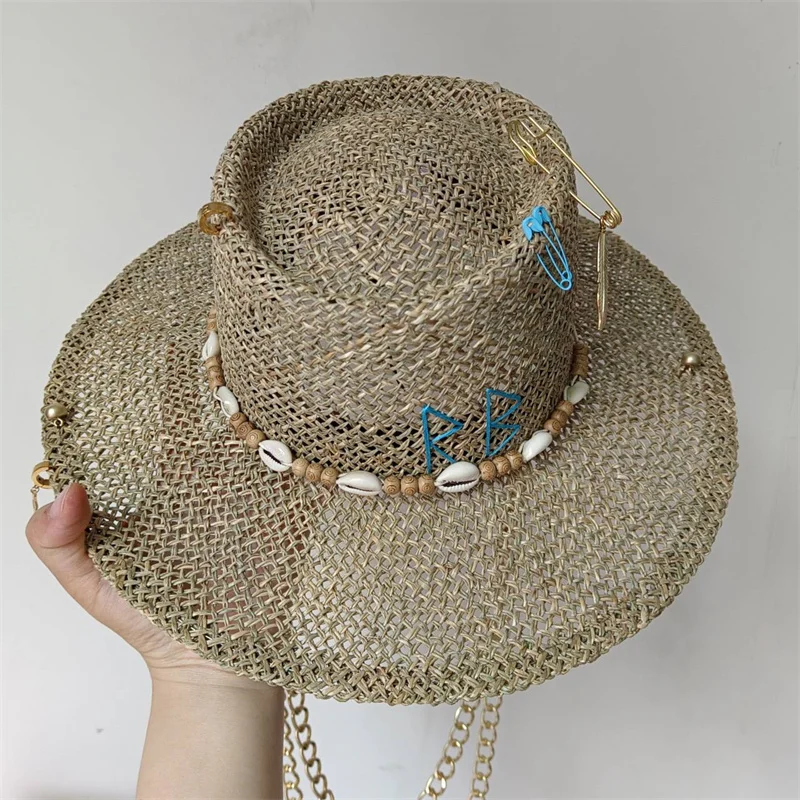 Women\'s Punk Straw Hat 2023 New Sun Hat Gold Chain Accessories Men\'s Jazz Hip Hop Summer Hat Punk Style Beach Hat Church Hat