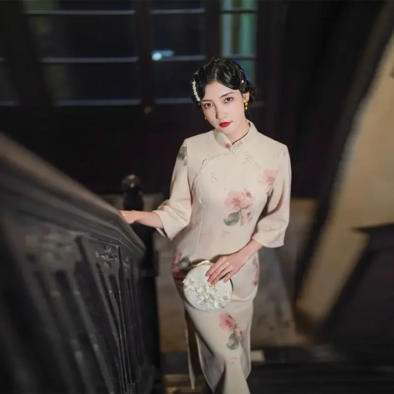 

Cheongsam, осень 2023, новый стиль, розовое женское замшевое платье в национальном стиле с принтом, улучшенное восточное женское платье для молодых девушек