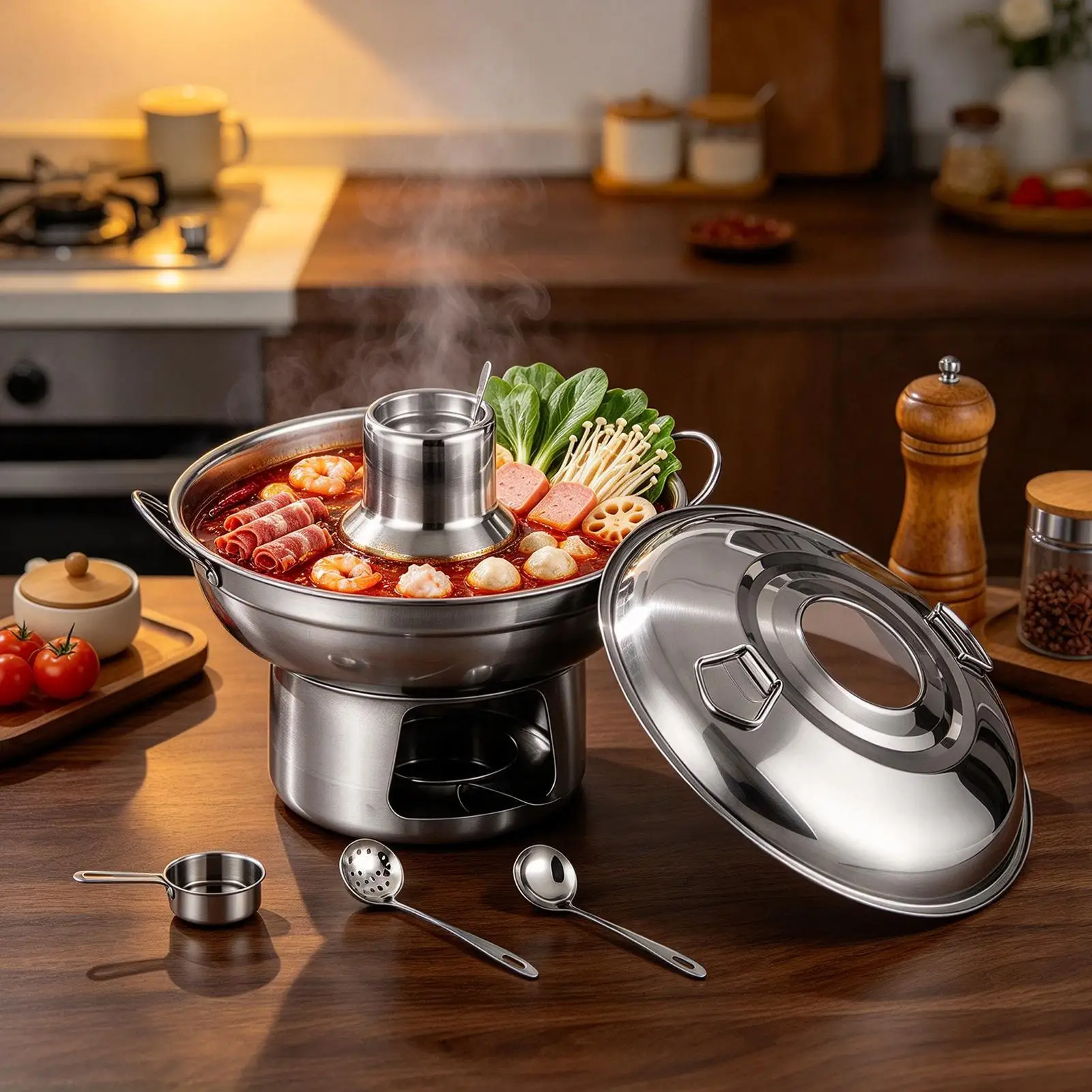 4Pack Chafing Dish Stainless Steel Chafer W/4 Full Size Pan Round Thickened Stove Double Ears Cooking Kitchen Cookware Household