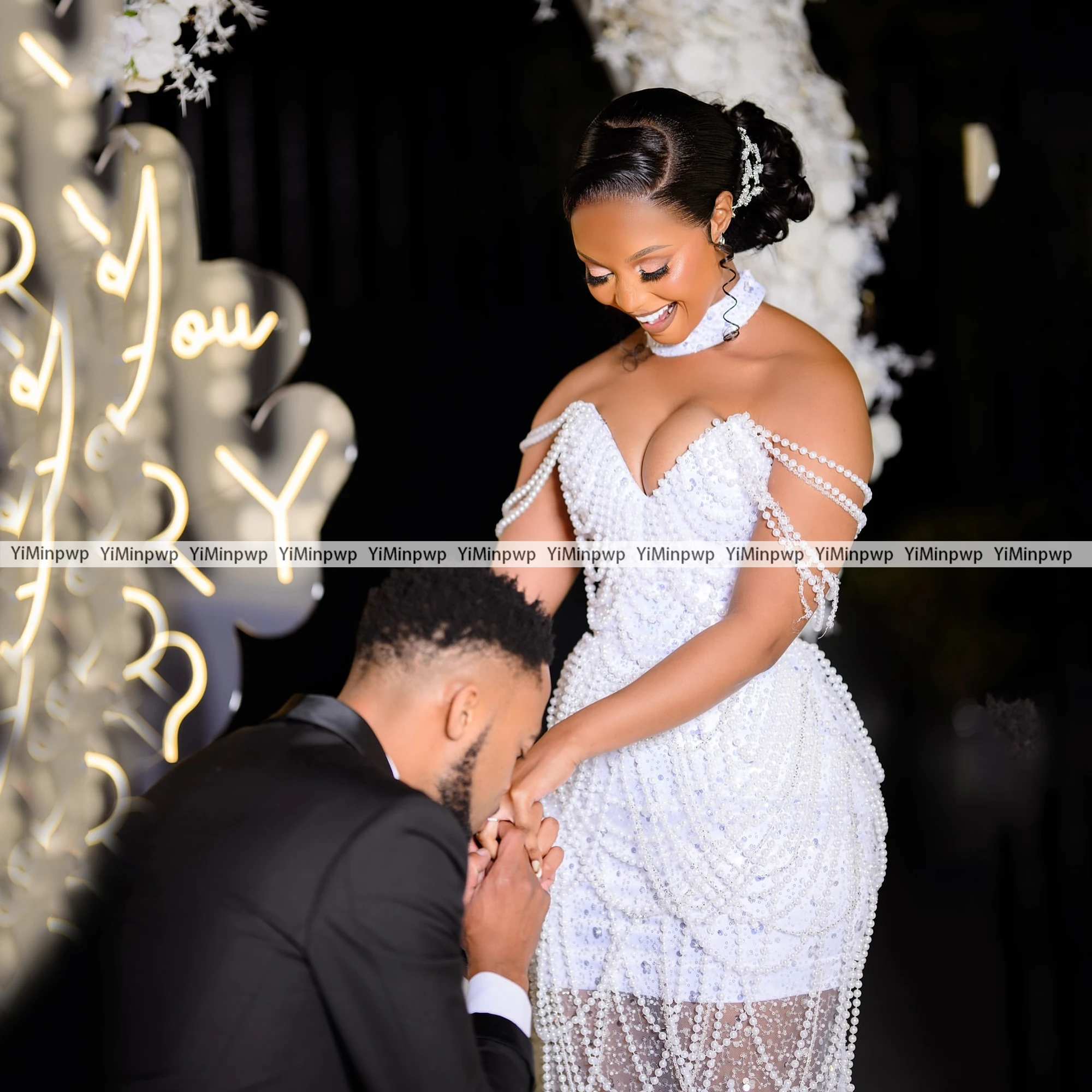 Robe de mariée sirène personnalisée, Sexy, col en v, épaules dénudées, paillettes, robes de mariée personnalisées