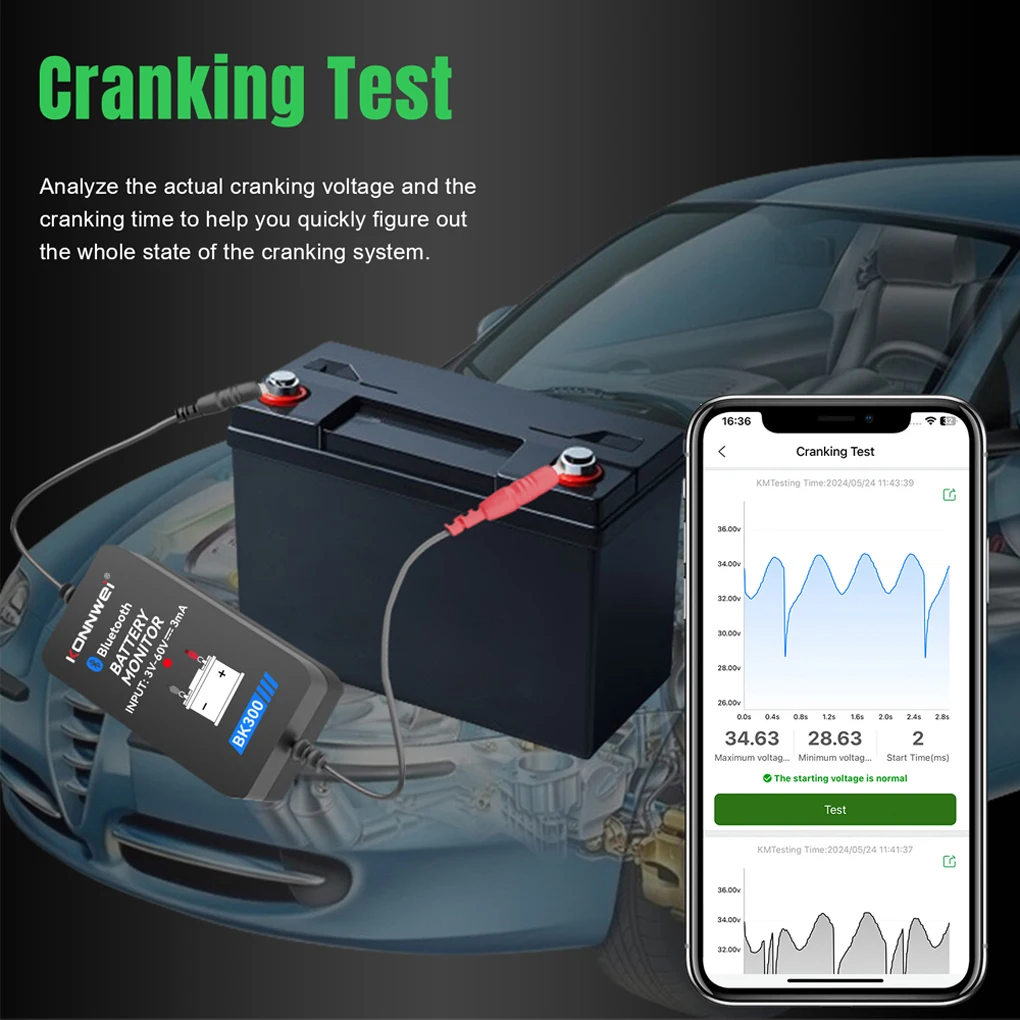 2024 KONNWEI BK300 12V 24V Bluetooth 5.0 Car Truck Battery Tester Waveform Monitor Charging Cranking Test Tools for Ios Android