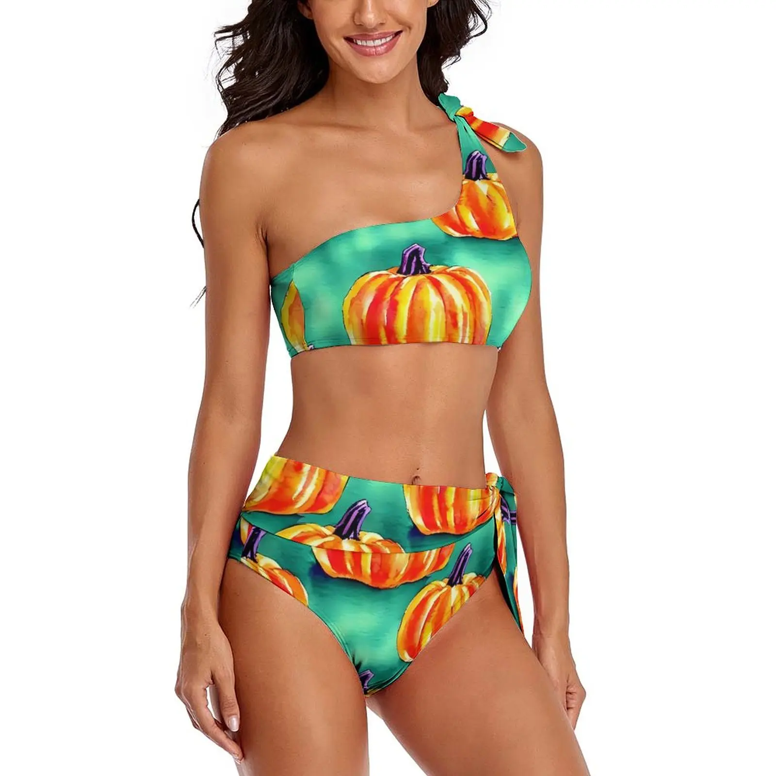 Pumpkins Print Bikini Swimsuit Sexy Watercolor Halloween High Waist Bikini Set Ladies Novelty Swimwear Beach Outfits