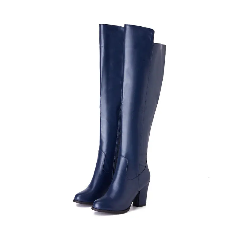 Extra Plus Size 50 51  52 Round Toe Block High Heels Wide Calf Cowboy Knee-high Women Western Boots Winter Navy Red Warm Shoes