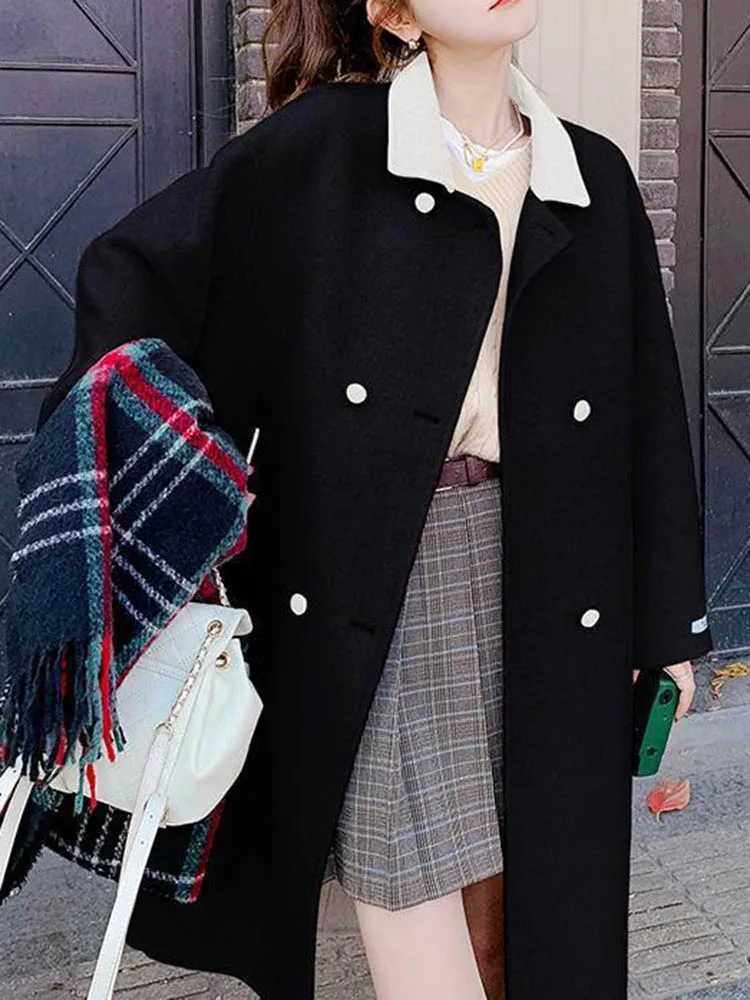 ملابس خارجية كورية أنيقة من الصوف سترات نسائية غير رسمية برقبة على شكل طية صدر مزدوجة سترات خريف وشتاء بأكمام طويلة من مزيج الصوف Chaquetas