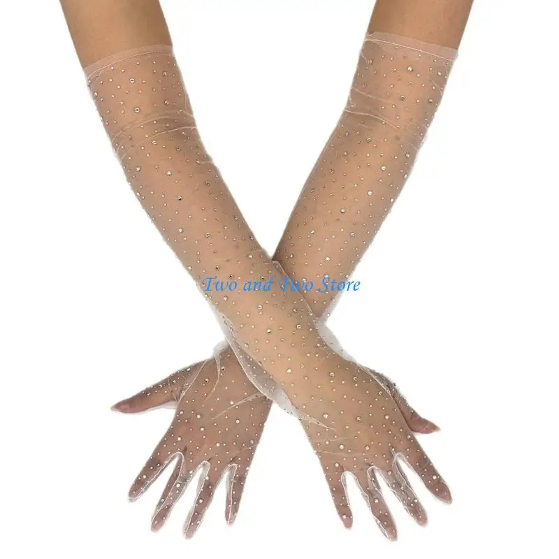 

HX6F Delicate Embroidered LaceGloves Rhinestones Accents Glitters Long Gloves For Bridal Parties And Special Occasion
