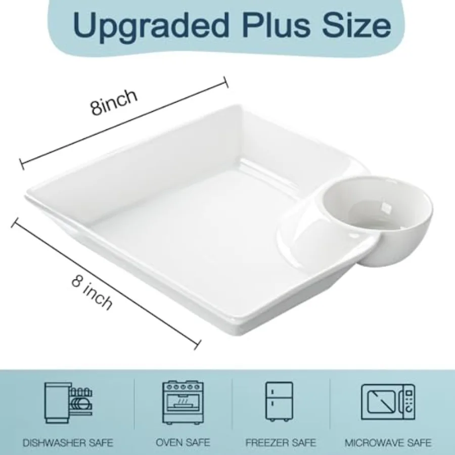 Chip and Dip Serving Platter Set of 4-8 Inch Ceramic Divided Plates with Sauce Compartment, Food-Safe Snack Plate for Dumpling,