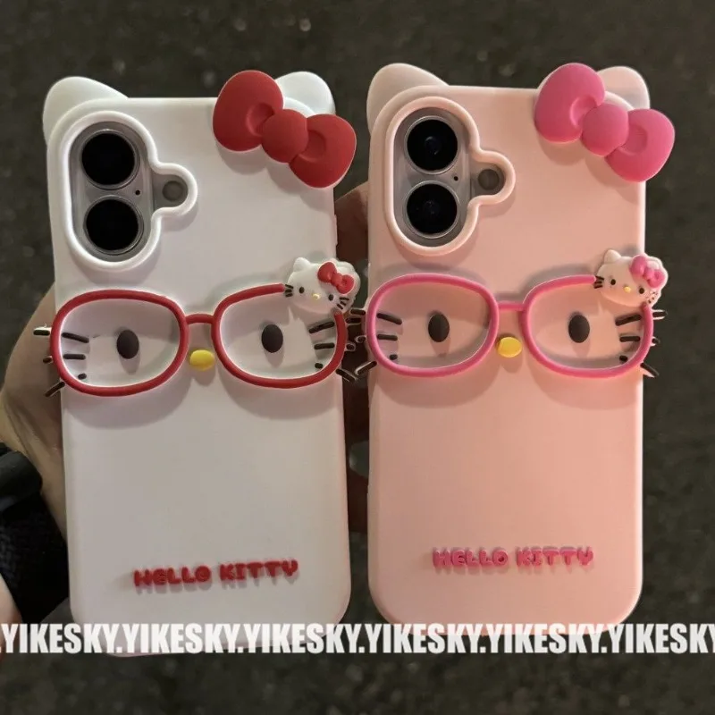 

hello Kitty phone case Stereoscopic wear glasses KT 16promax mobile iPhone15 silicone 1413 female 14pro Internet celebrity