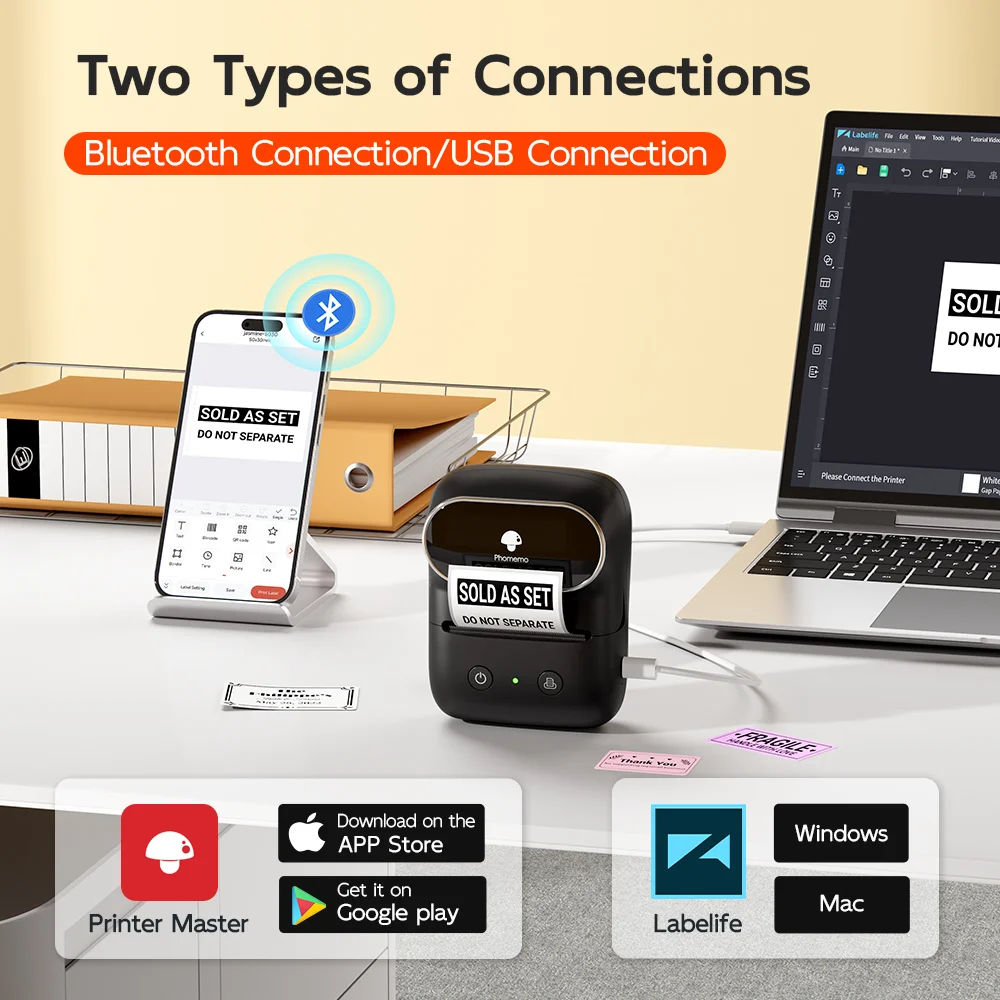 Phomemo M108 Thermal Wireless Label Printer Bluetooth Mini Label Makers 20-50mm Barcode Label Maker Price Tag Printers DIY