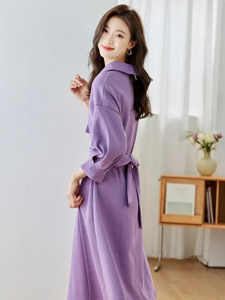 Vimly Cotton Blend Drop Sleeve Sweatshirt Dresses for Women 2023 Autumn Fashion Casual Solid Belted Collared A Line Dress M2598