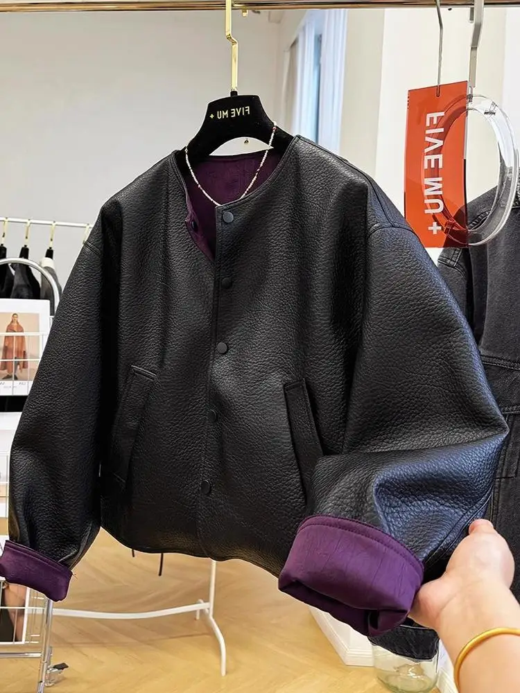 

Retro round Ne Leather Jaet Women's Outerwear Premium Feel Small Size Autumn Winter New Sle Loose Fit Long Sve