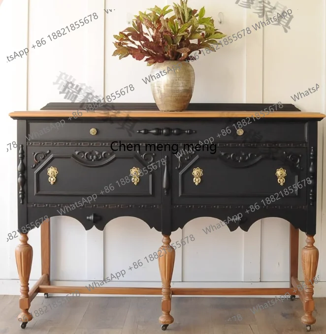 

French engraved contrasting color door cabinet household solid wood retro style high-end storage cabinet small apartment