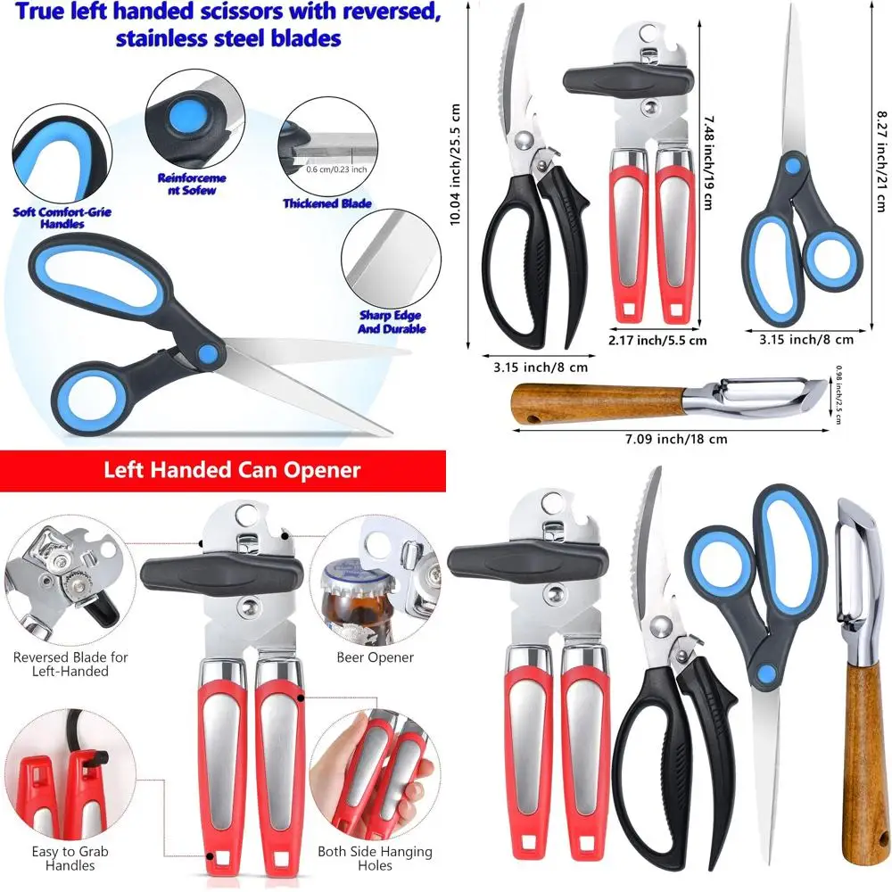 

Оскорренные кухонные ножницы, открывалка для консервных банок, овощечистка и набор ножниц для взрослых для левой руки — 4 основных инструмента
