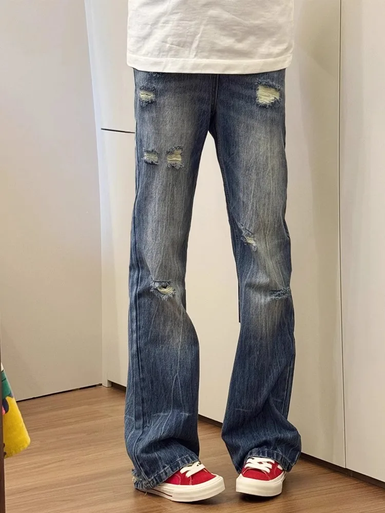 

American Retro Vibe Jeans Light Blue Lightning Pattern Hole Denim Men's Slim High Waist Straight Leg Micro Flared Pants