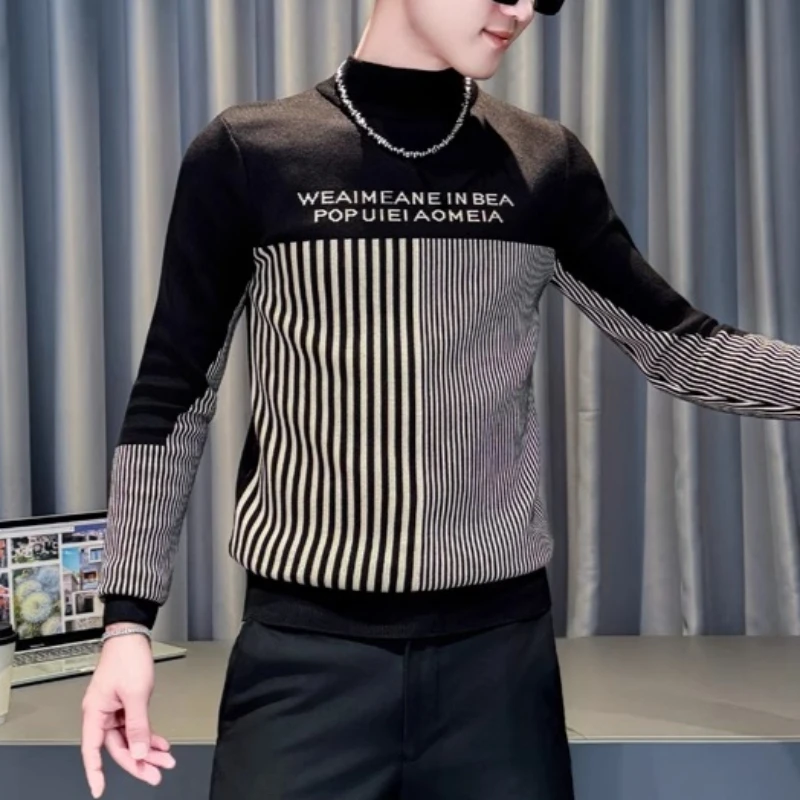 

Winter Striped Knitted Sweater for Men Log Sleeve Slim Fit Casual Sweater Half High Neck Business Knitwear Tops Men Clothing