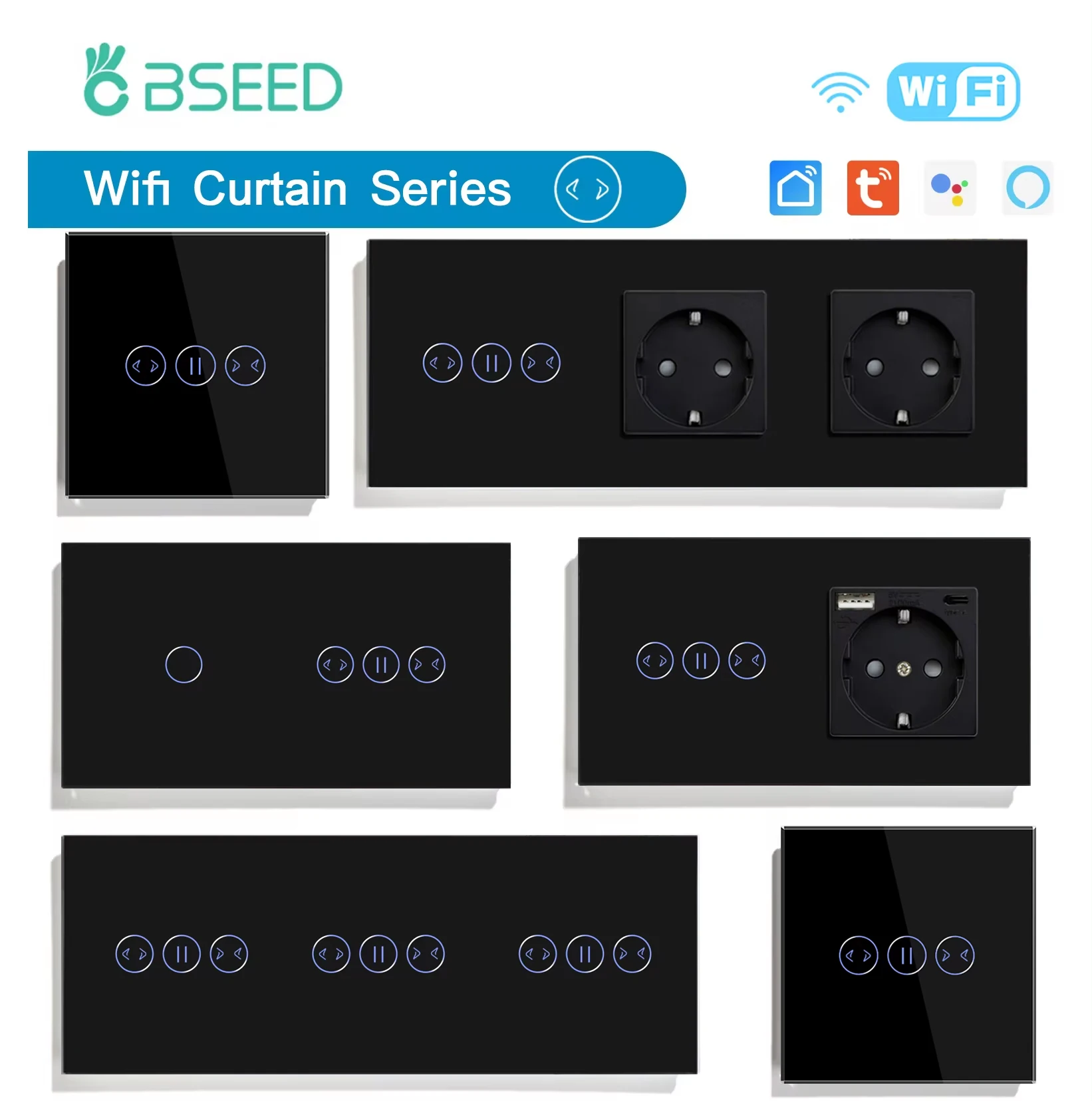 BSEED Wifi Curtain Switches APP Control Wall Smart Curtain Series Black Glass Panel Support Tuya Google Smart Life Home Curtain