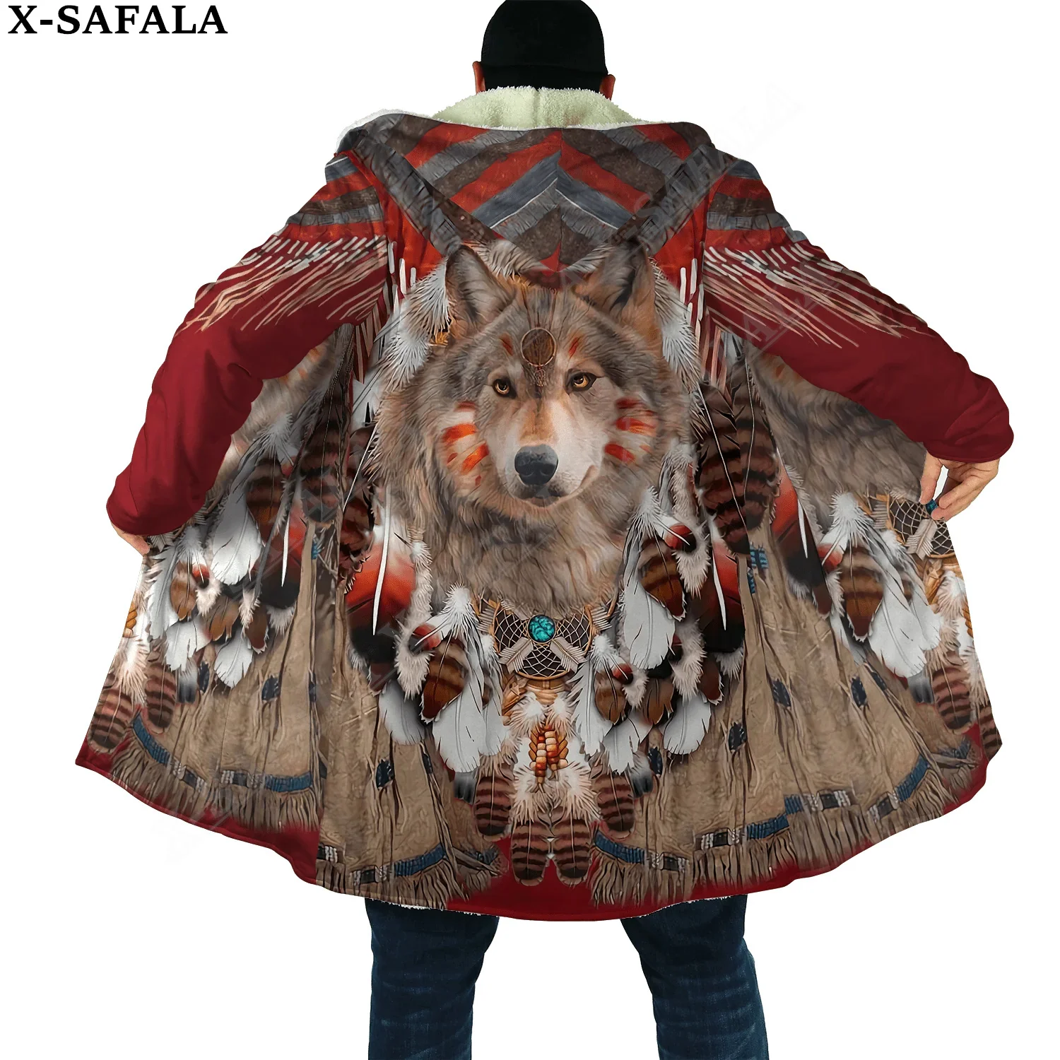 Viking Native Feather Wolf Dark Dream Catcher Overcoat Coat 3D Print Thick Warm Hooded Cloak  Men Windproof Fleece Unisex-1