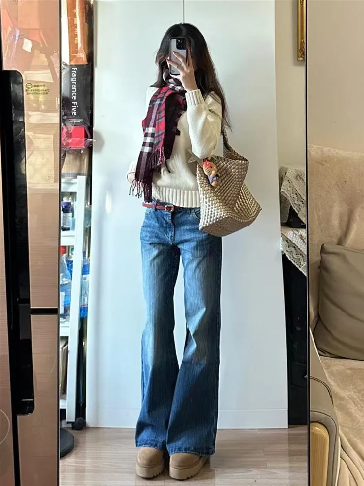 

Женские джинсы-клеш с низкой талией, свободного кроя, из бамбукового волокна, с узором, широкие штанины, винтажный синий цвет, осень-зима