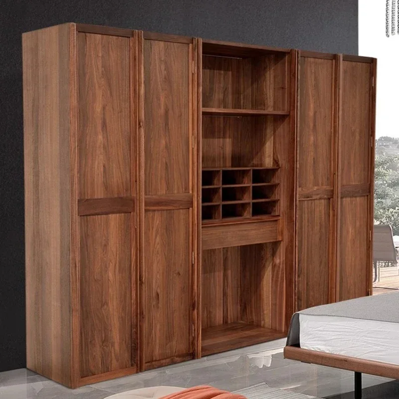 

Modern Black Walnut Wardrobe Light Luxury Bedroom Glass Door Storage Cabinet Combination Solid Wood Wardrobe Flat Sliding Door