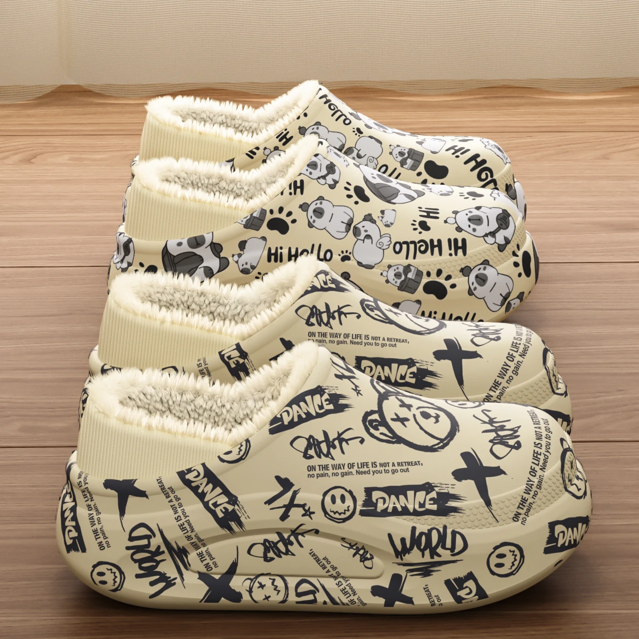 أحذية وشباشب جرافيتي عصرية للشتاء، شباشب منزلية دافئة ومضادة للانزلاق ونعل سميك، أزياء شخصية للرجال والنساء