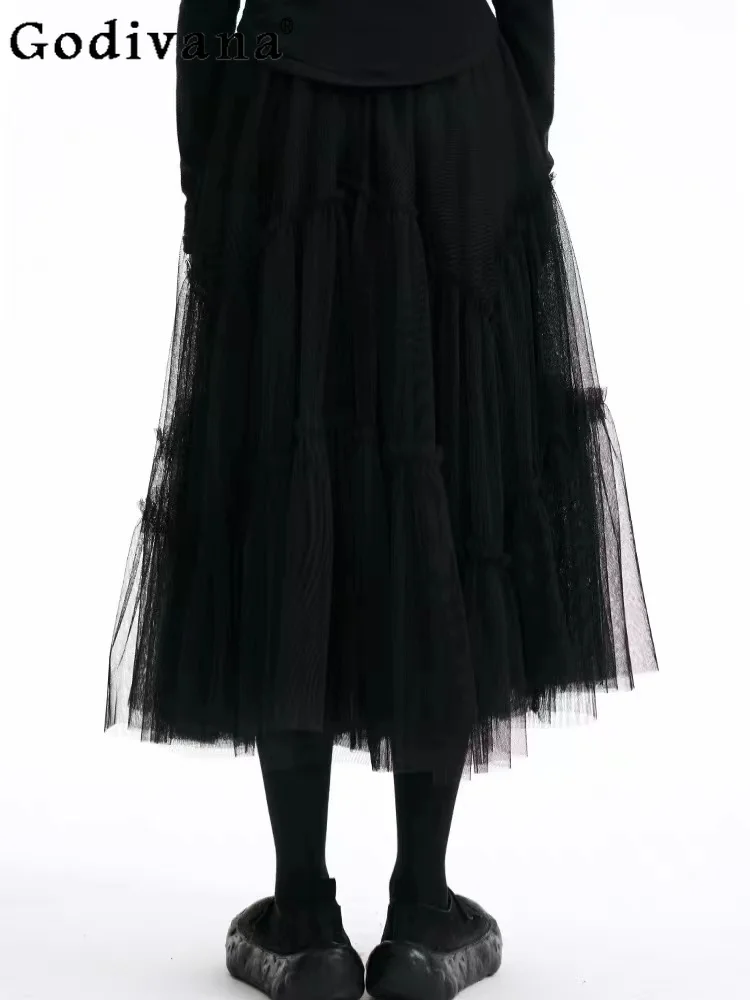 

2025 Summer New Chic Gauze White Street princess Skirts Black Women's Heavy Industry Lace-up High Waist A-line Versatile Skirts