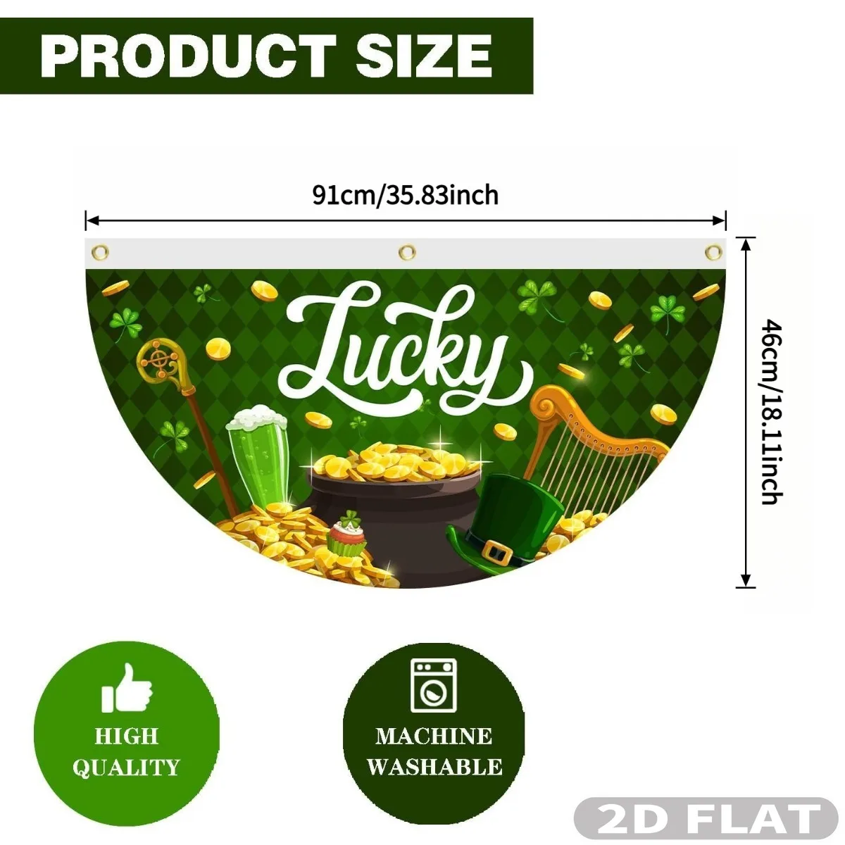 2D FLAT 4 Pcs Spring St. Patrick's Day banner, 18.11x35.82 Inch Polyester Lucky Blessed Shamrock Colver Half Fan Banner