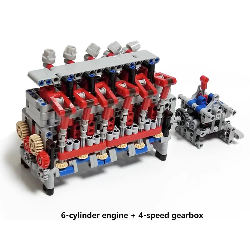 Motor de 6 cilindros, caja de cambios secuencial de 4 velocidades, bloques de construcción MOC, modelos de ensamblaje DIY, técnicas, funciones de potencia, juguetes para niños